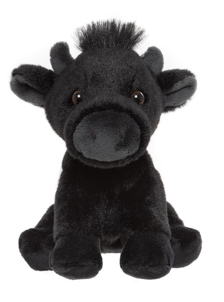Black plush toy with a spiky mane on a white background