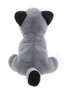 Gray plush toy with black accents on a white background