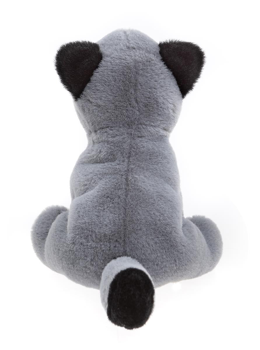 Gray plush toy with black accents on a white background