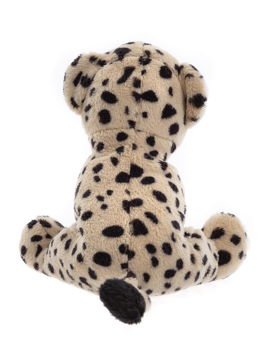 Stuffed animal toy with a cheetah pattern on a white background