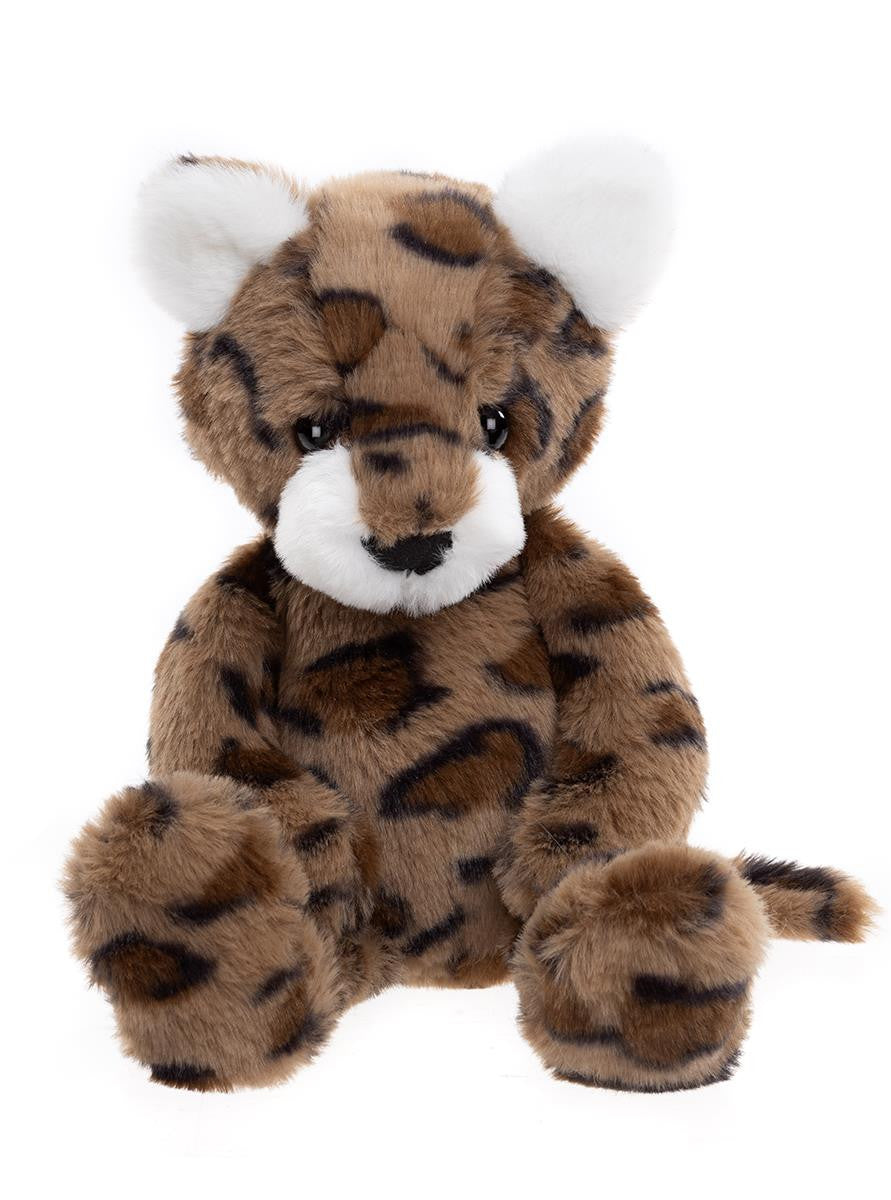 Plush toy leopard with brown and black spots on a white background