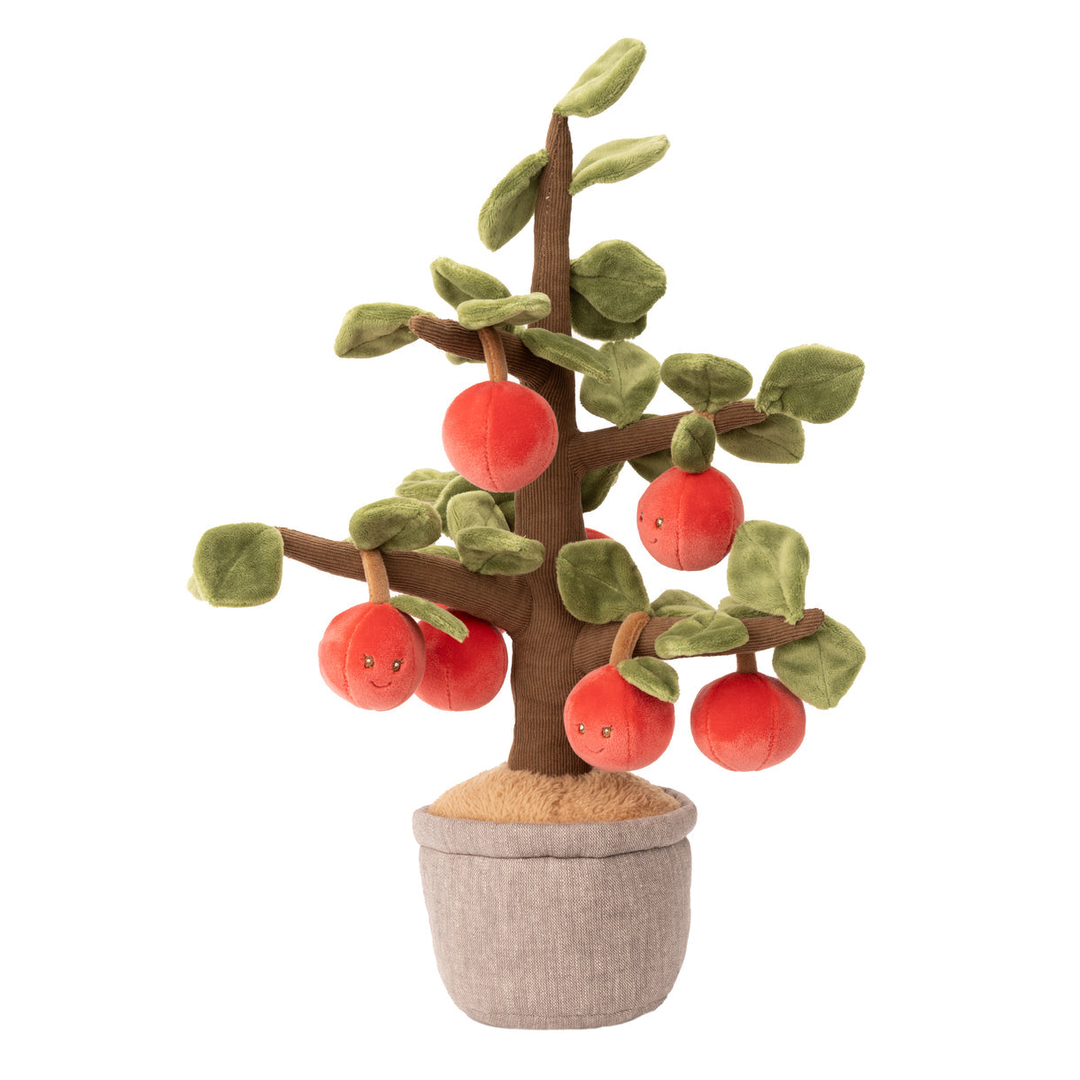 Plush toy apple tree with red apples in a pot on a white background