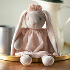 Plush rabbit toy in a pink dress on a wooden surface