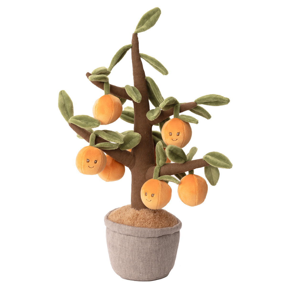 Plush toy tree with smiling fruits in a pot on a white background