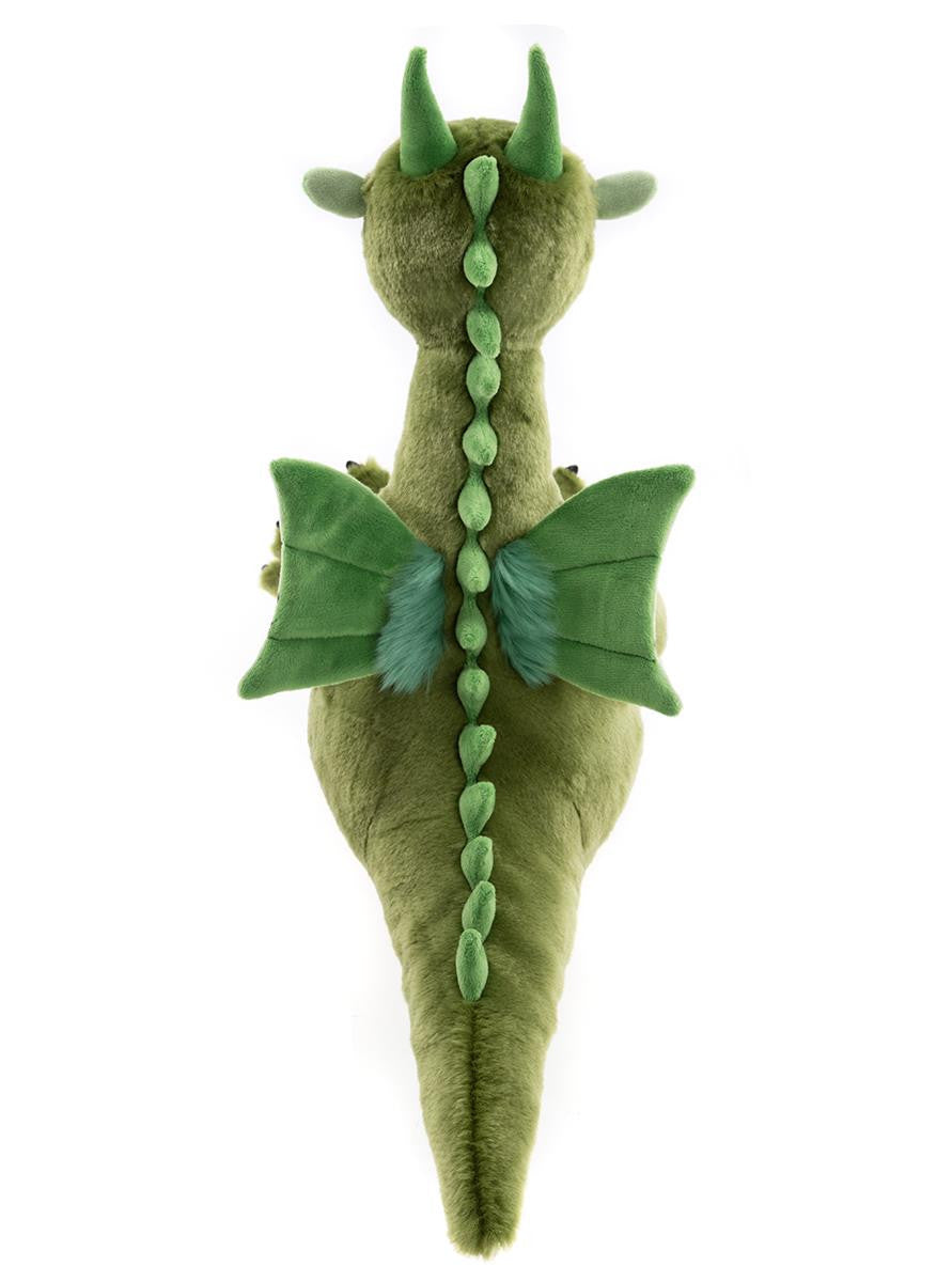Green plush dragon toy on a white background