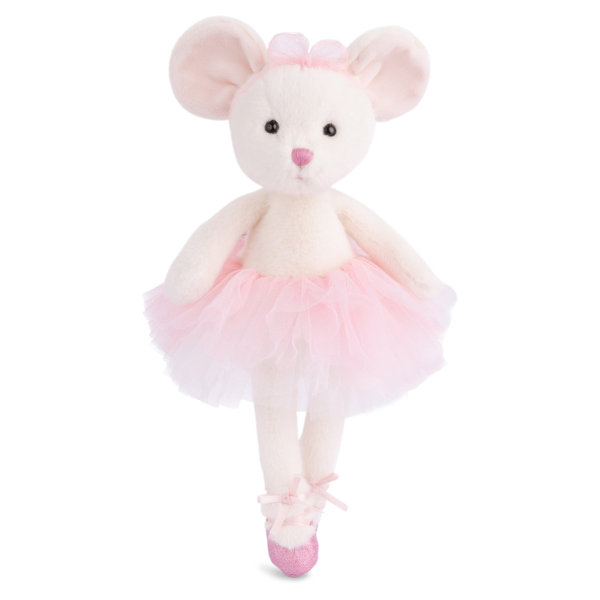 Plush mouse toy in a pink tutu and ballet shoes on a white background