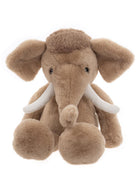 Plush elephant toy with white tusks on a white background