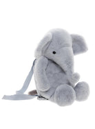 Gray plush elephant backpack on a white background