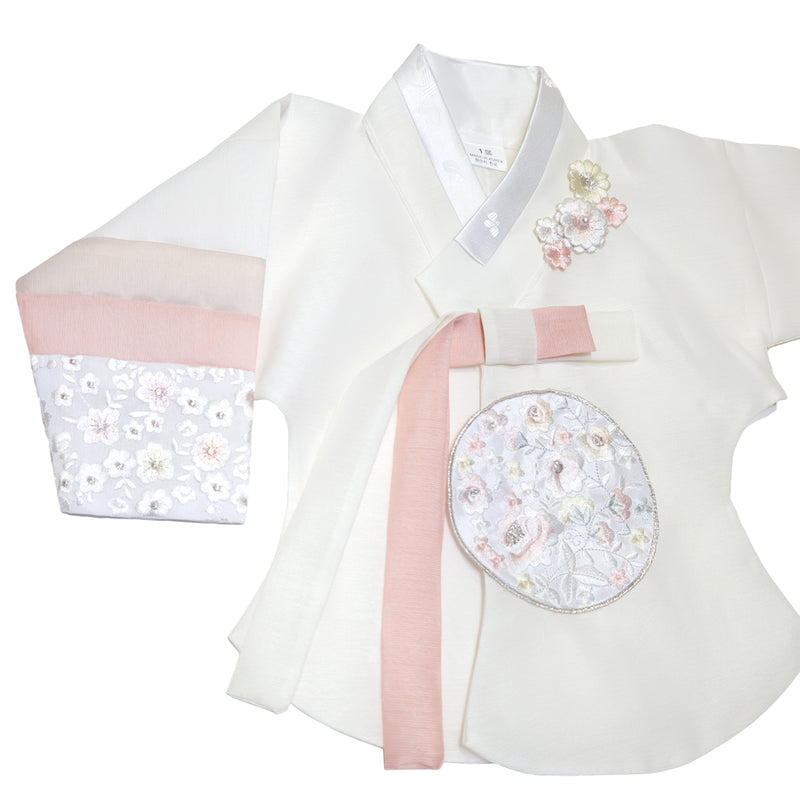 Hanbok Baby Girl 4-piece Set - Princess Natural/Dusty Pink Stripe/floral embroidery