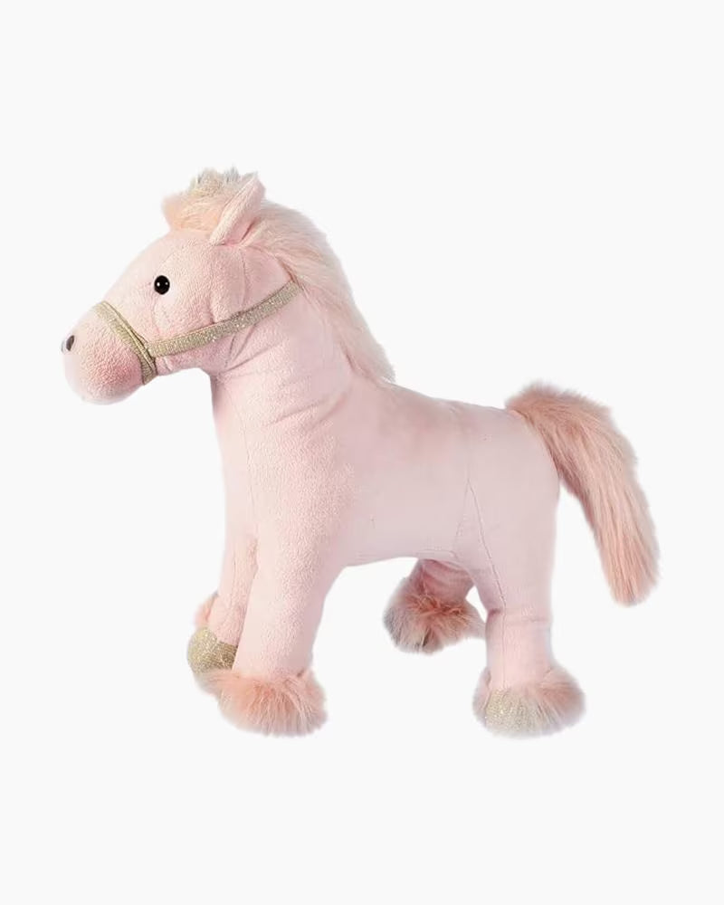 Pink plush horse toy on a white background