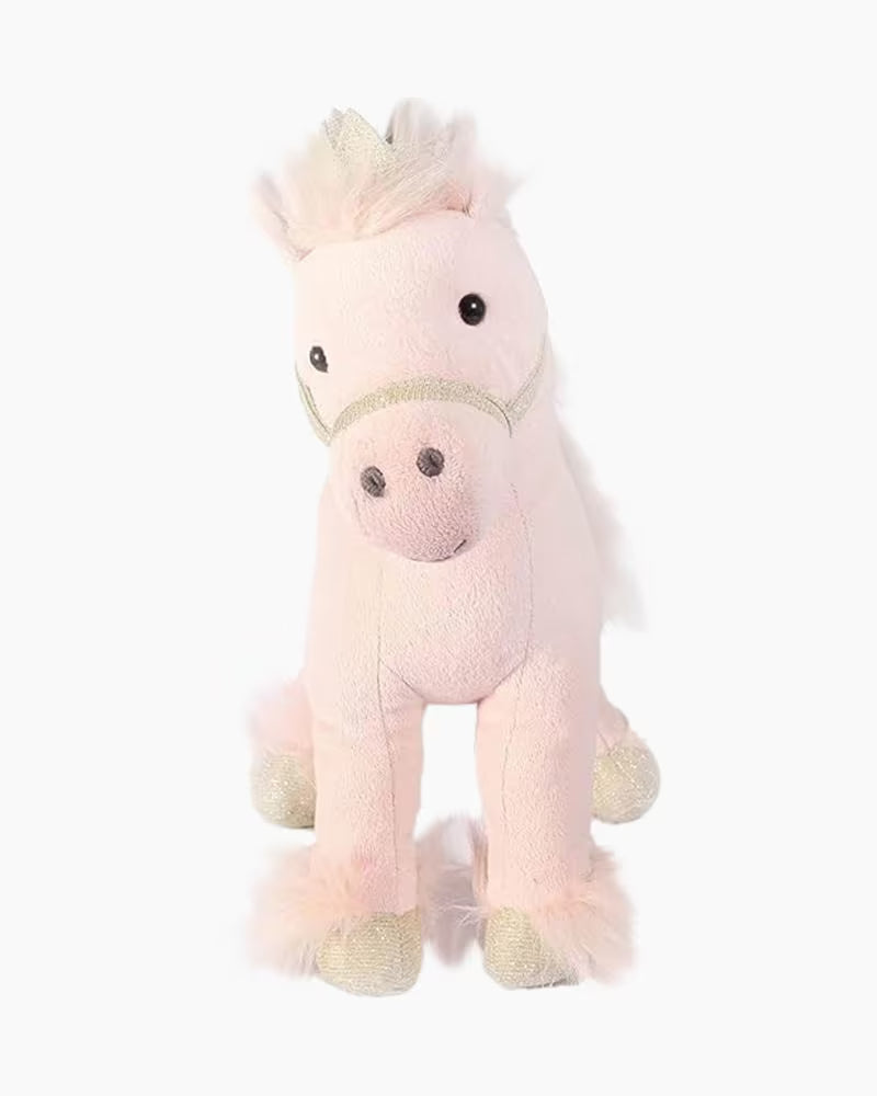 Pink plush horse toy on a white background