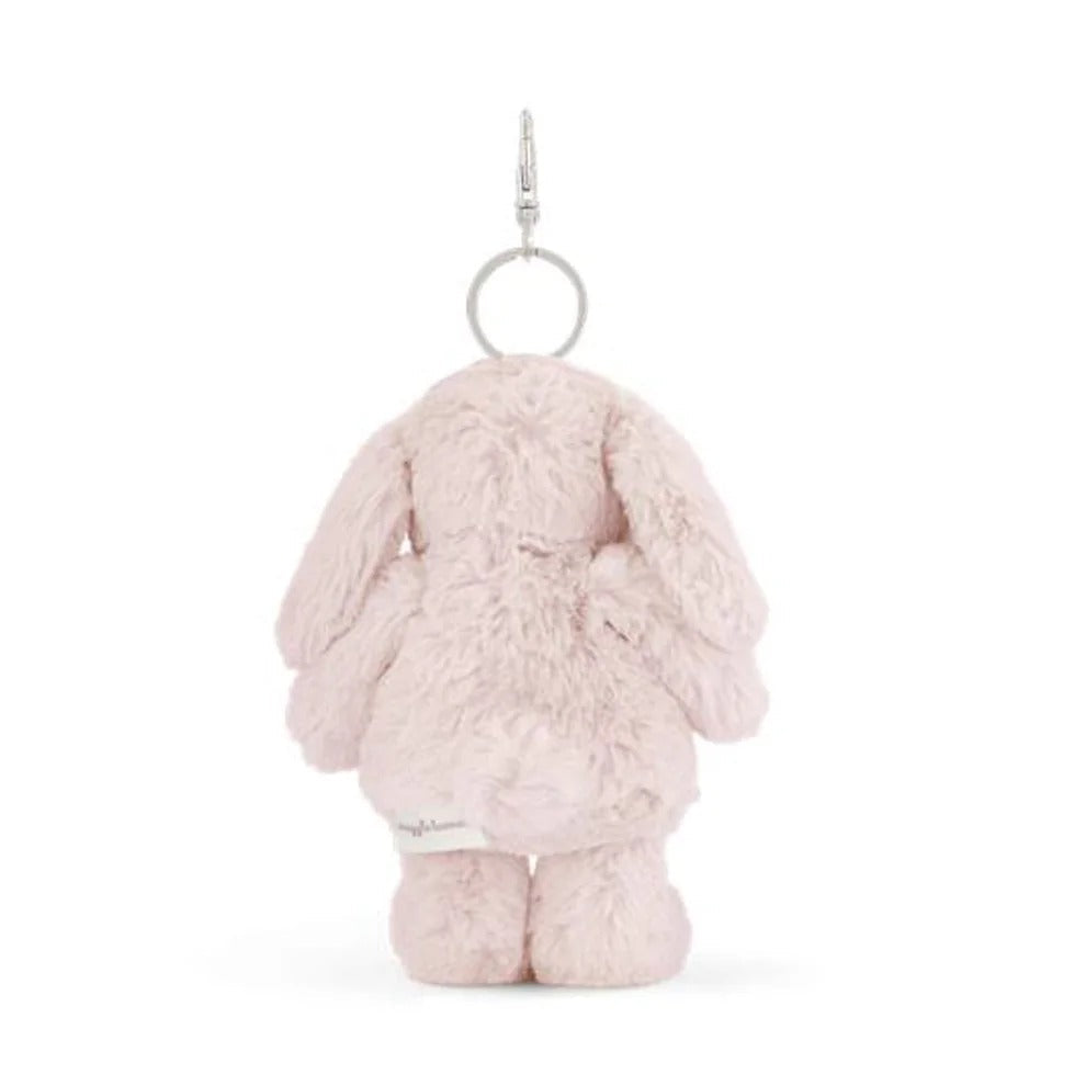 Rear view of a pink plush bunny keychain.