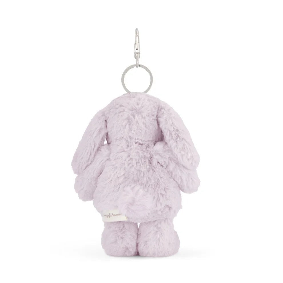 Lilac stuffed bunny keychain from behind.