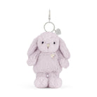 Lavender bunny plush keychain with a white heart.
