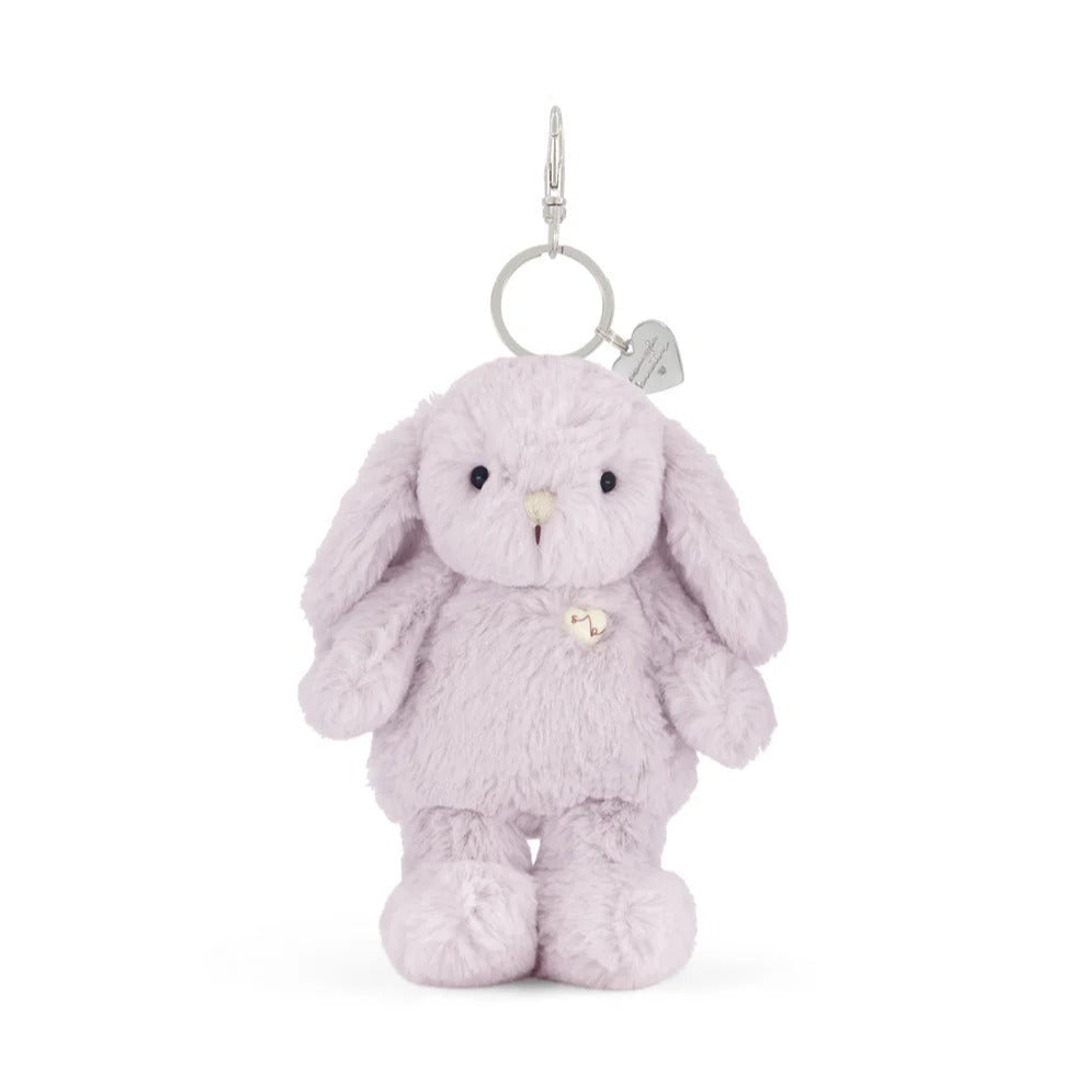 Lavender bunny plush keychain with a white heart.
