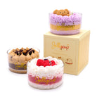 Three Jellycup dessert containers with a box on a white background