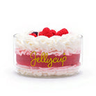Jelly cup dessert with white cream, red berries, and 'Jellycup' text on a white background