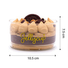 Jelly cup with Oreo cookies and dimensions on a white background