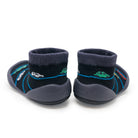 Pair of black sock shoes with car designs.