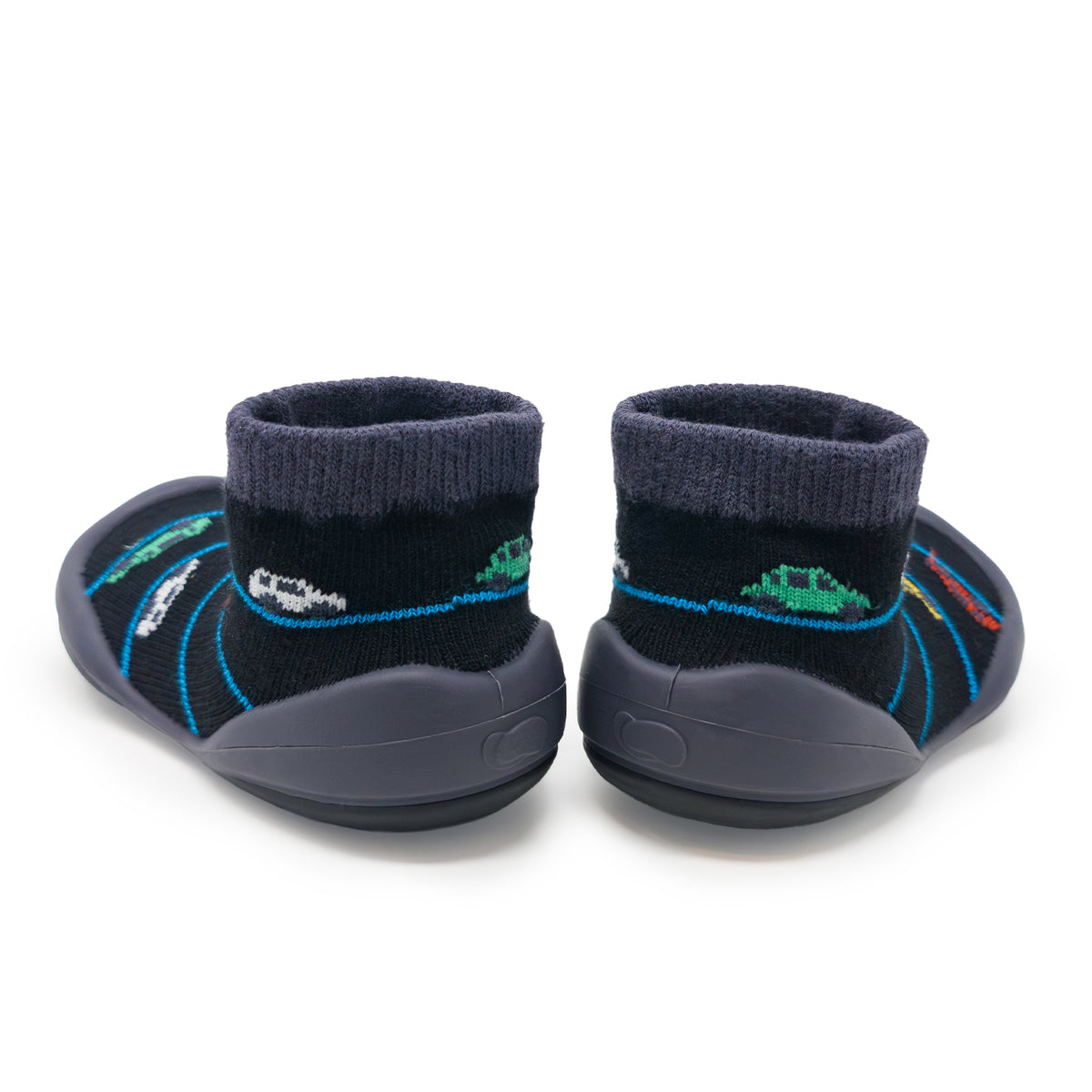 Pair of black sock shoes with car designs.