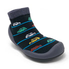 Black sock shoe with car pattern and gray sole.