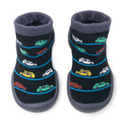 Two sock shoes with car pattern, gray bottoms, and gray collars.