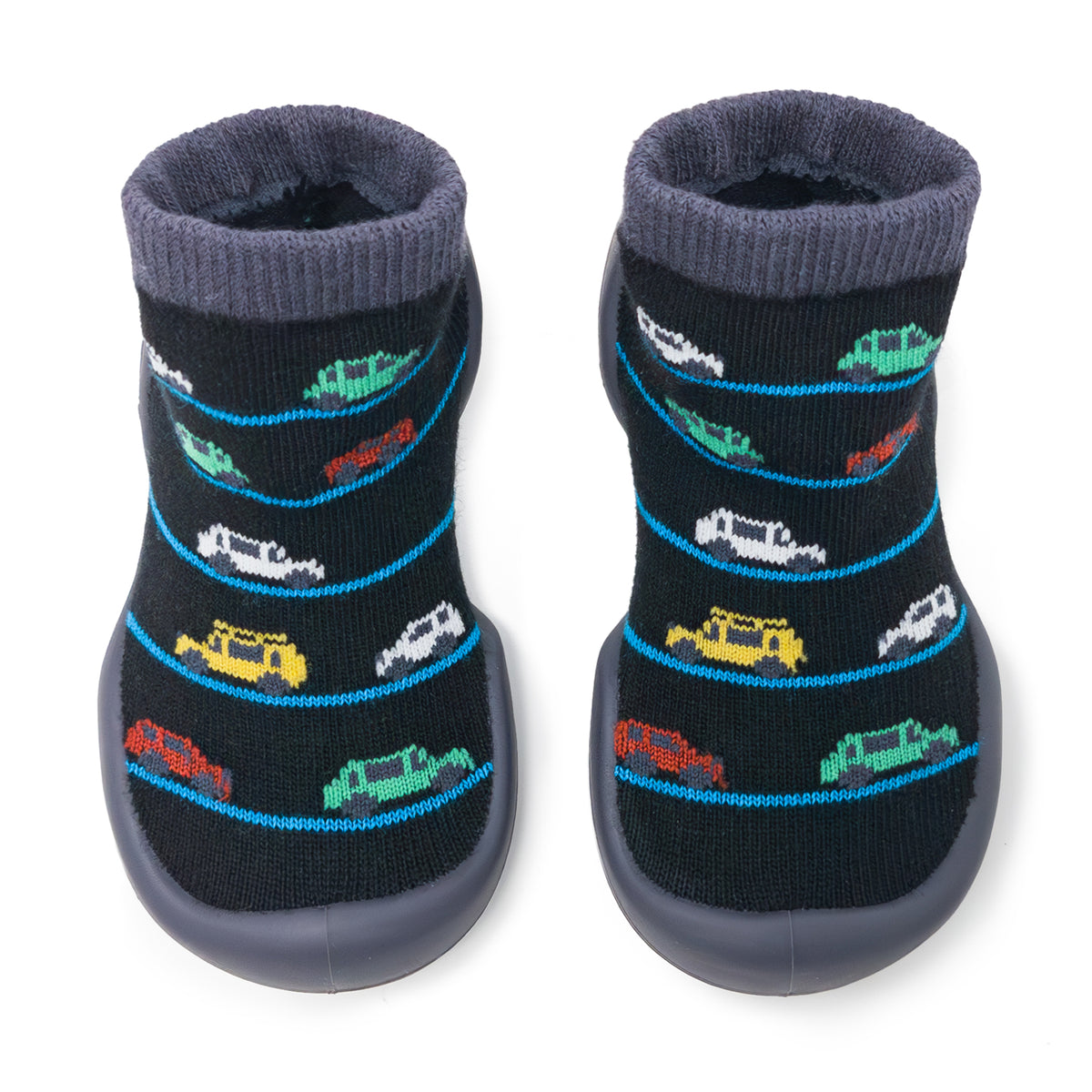 Two sock shoes with car pattern, gray bottoms, and gray collars.