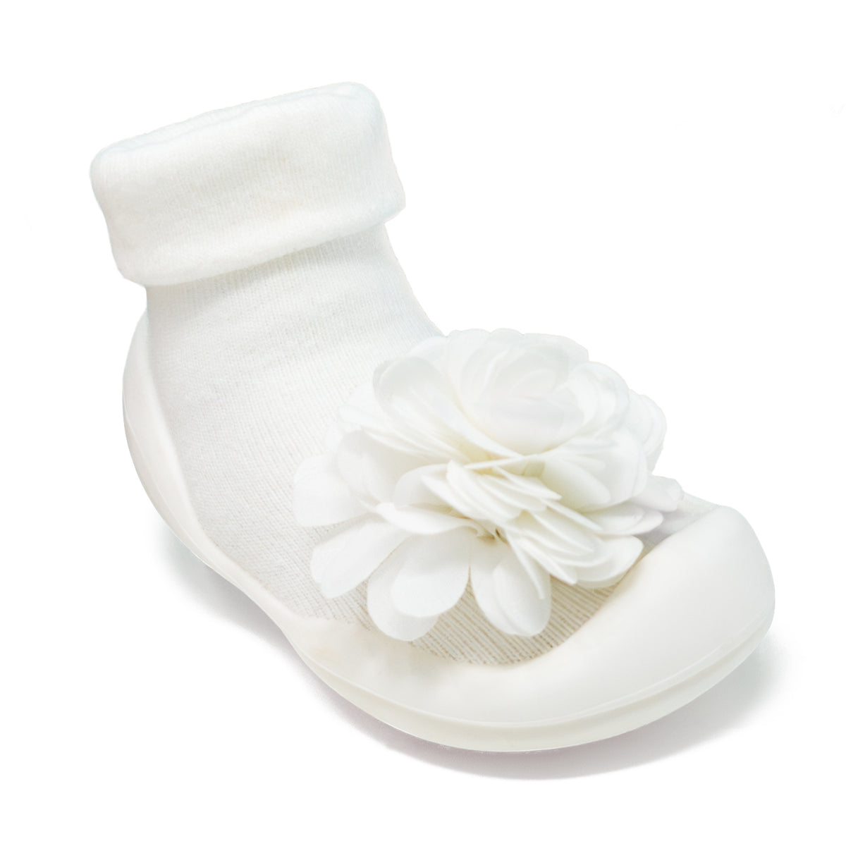 White baby sock-shoe with a flower accent.

