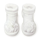 Two white baby socks with flower details.