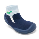 Blue sock shoe with dinosaur.
