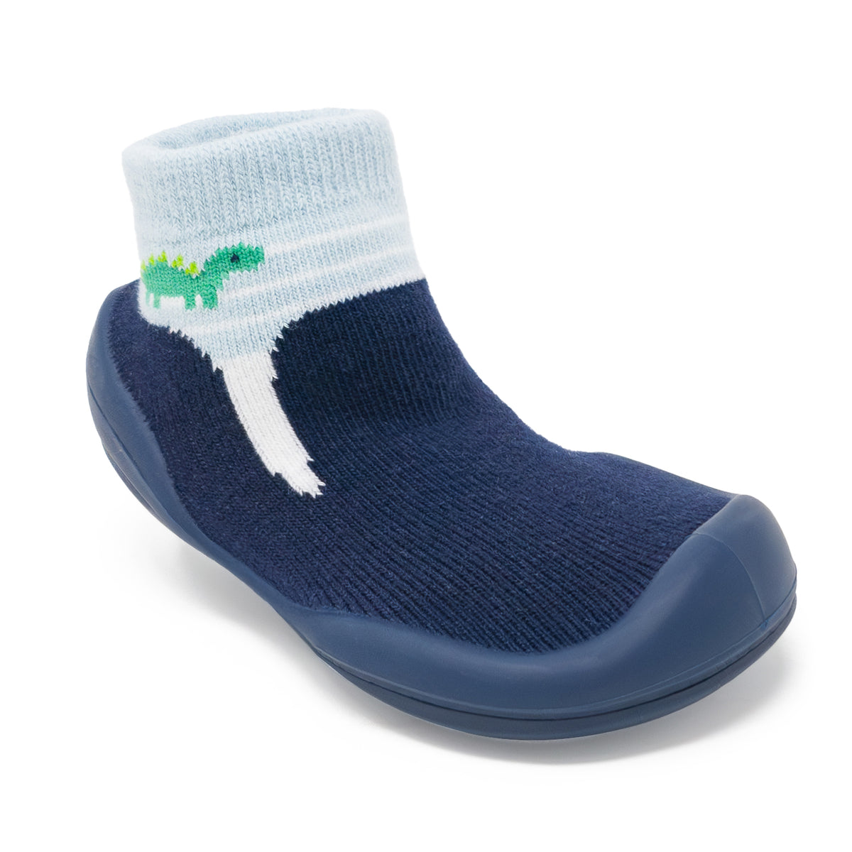 Blue sock shoe with dinosaur.
