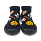 Black socks with sports-themed designs on a white background