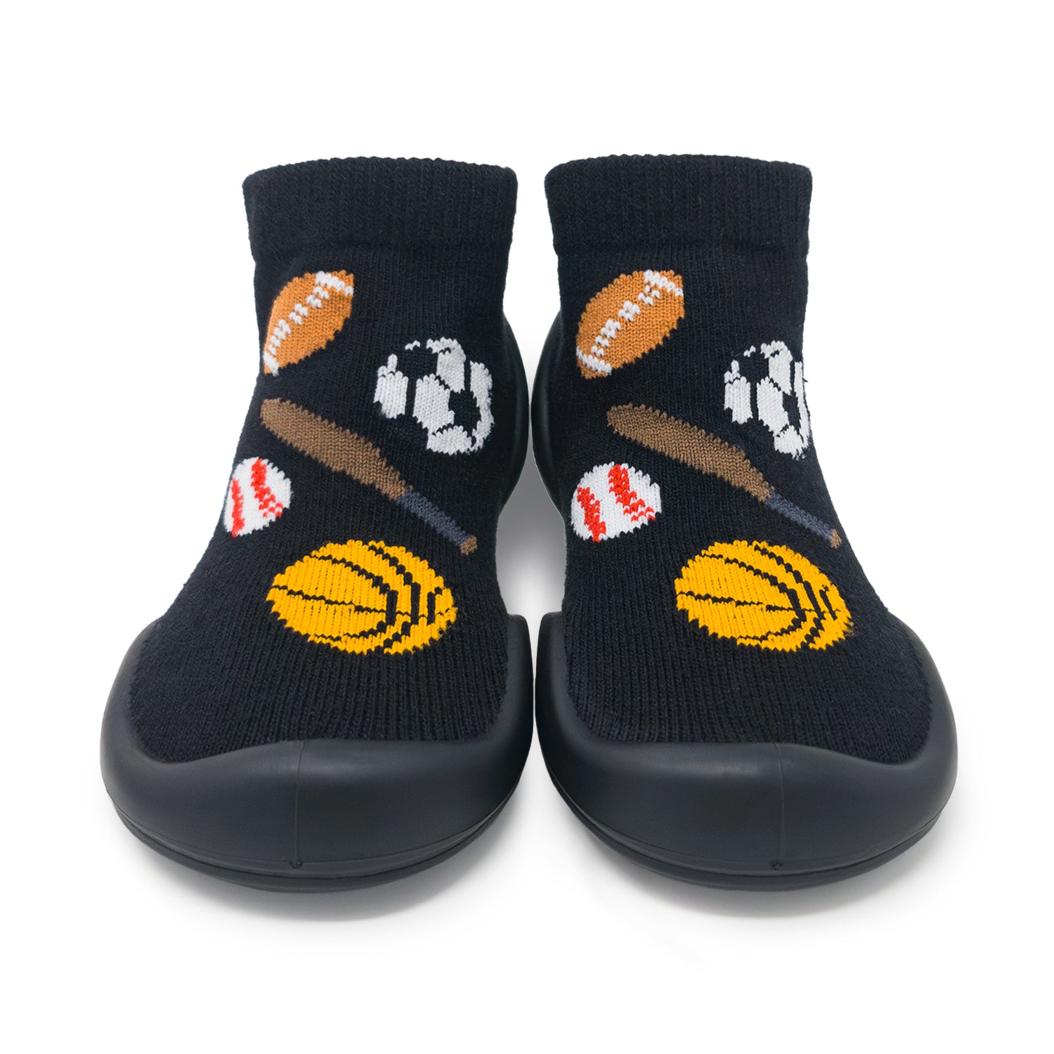 Black socks with sports-themed designs on a white background