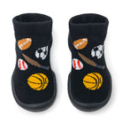 Black socks with sports-themed designs on a white background