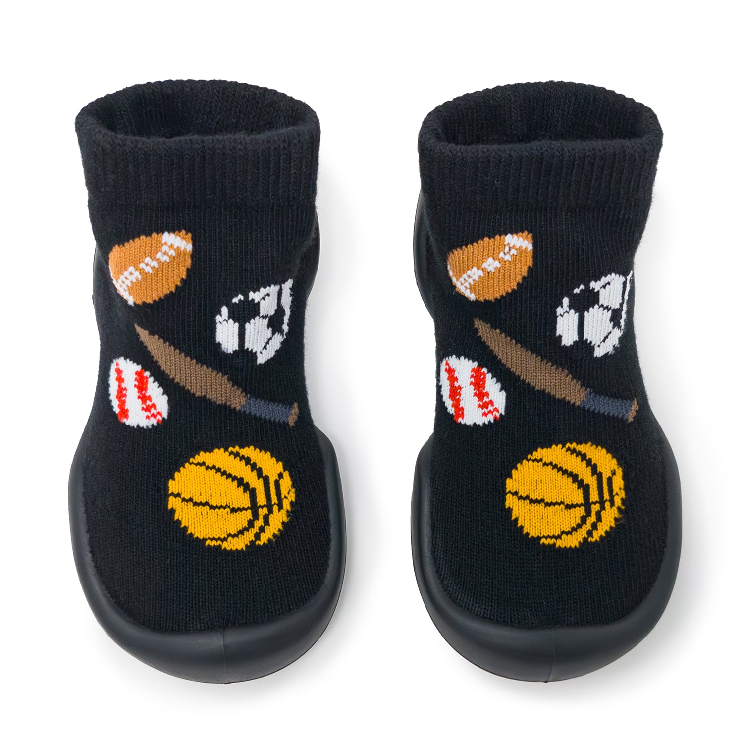 Black socks with sports-themed designs on a white background
