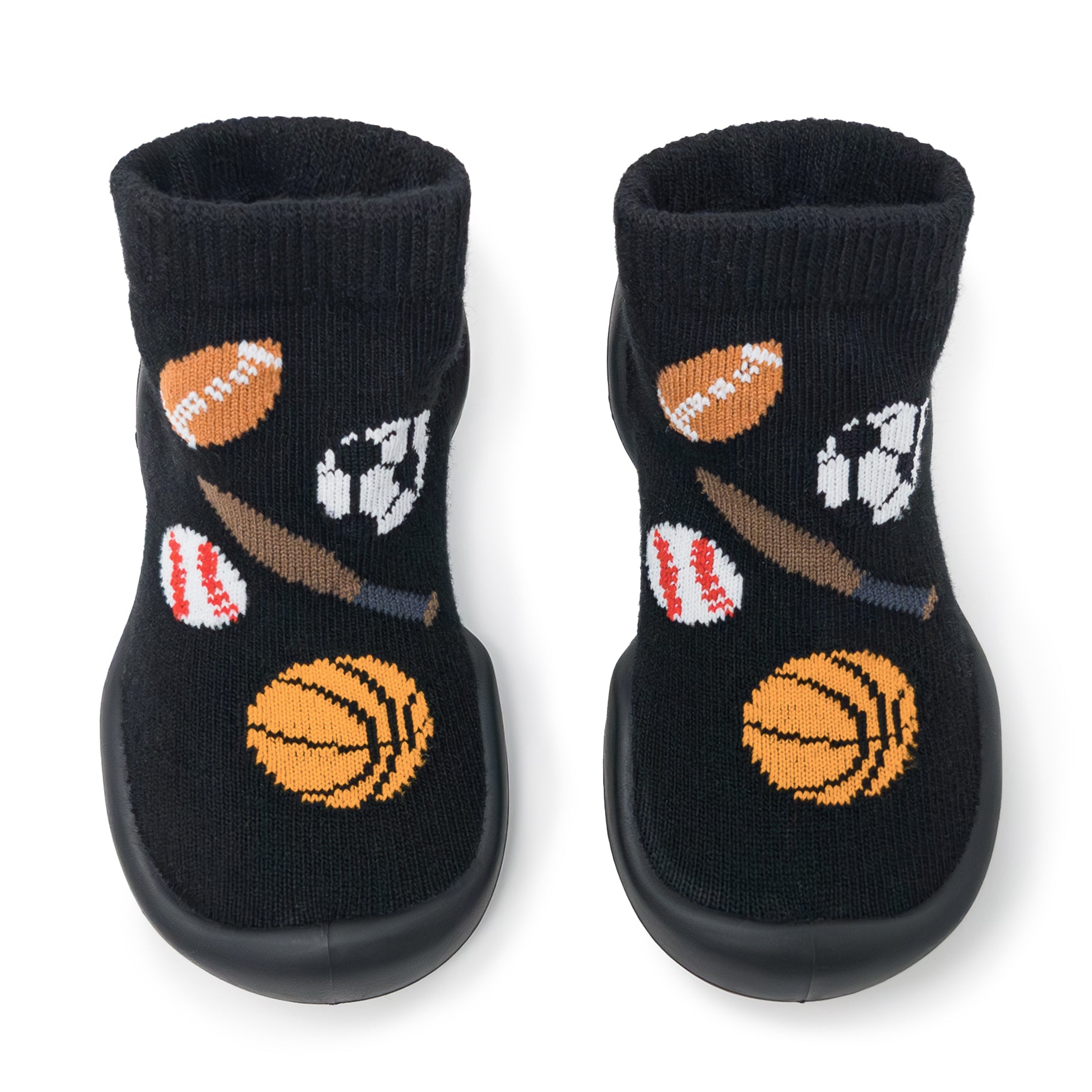 Black socks with sports-themed designs on a white background