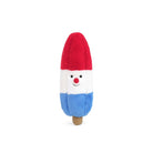 Toy resembling a gnome with a red hat, white face, and blue body on a white background