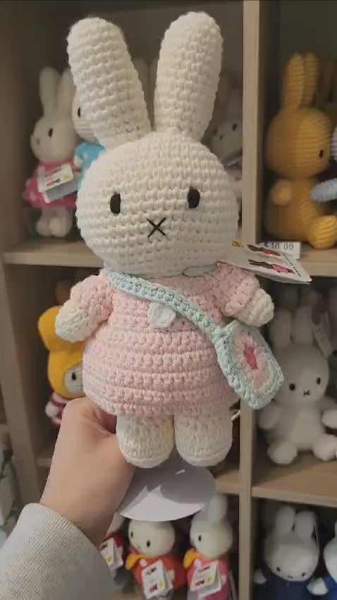Miffy and her Pastel pink dress with blue flower bag by Just Dutch