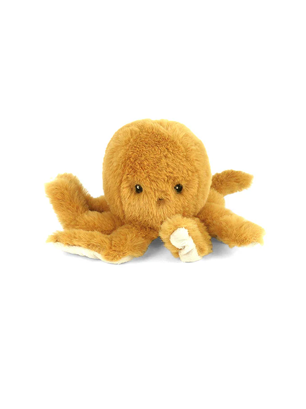 Brown plush octopus toy on a white background