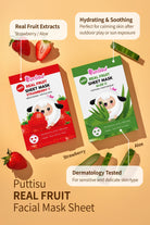 Two boxes of Puttisu kids' real fruit facial mask sheets with strawberry and aloe, displayed with fresh strawberries and aloe vera, on a light orange background with promotional text.