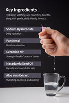 Product advertisement image showcasing skin care ingredients with a hand squeezing a wet cloth over a glass of water.