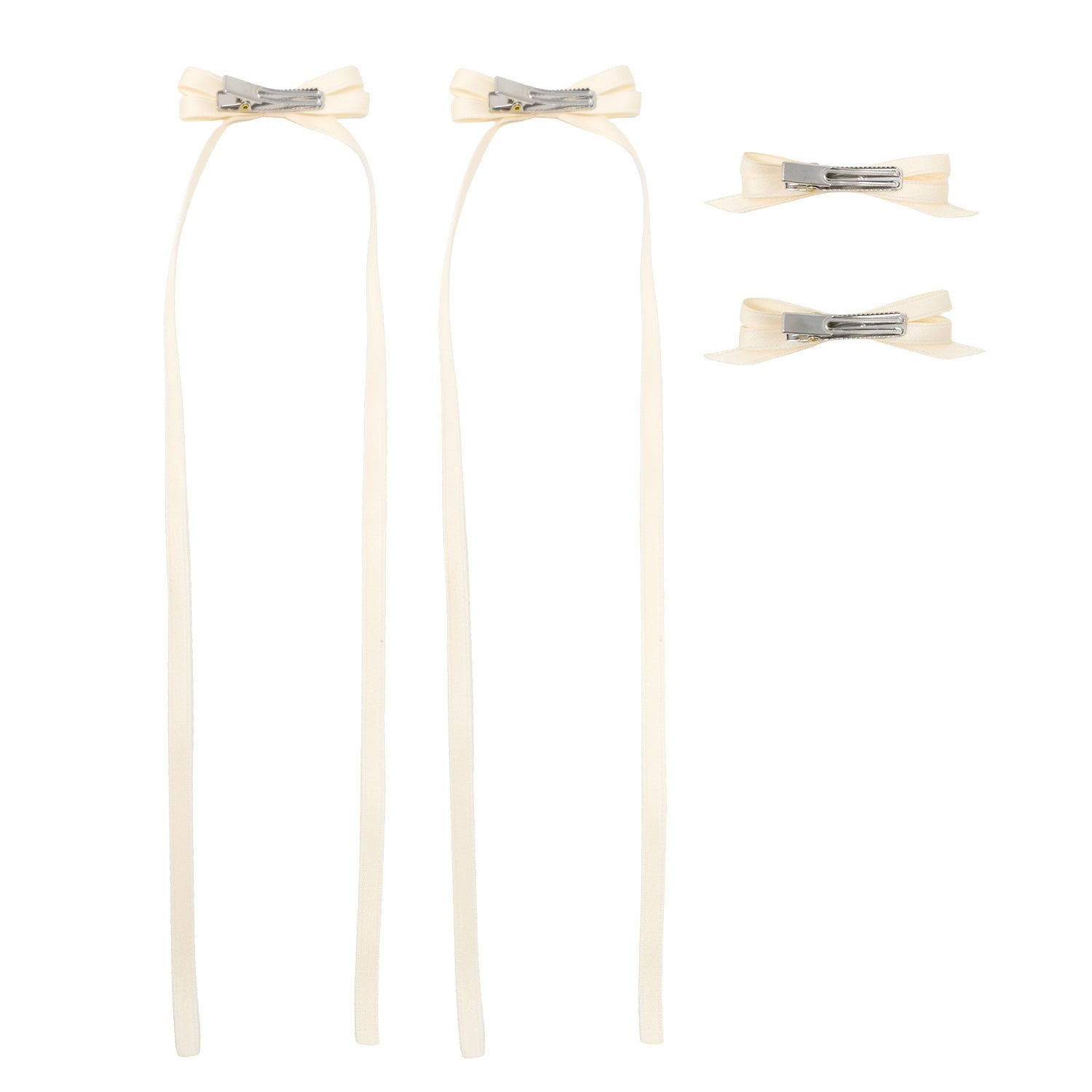 Cream ribbon bow clip set of four, two with long trailing ribbons and two smaller bows.