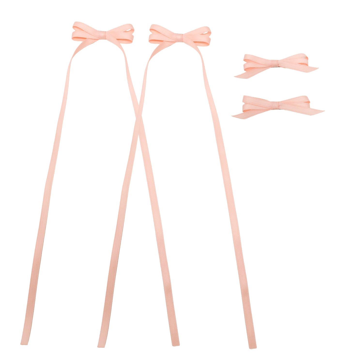 Light pink 4-piece ribbon bow clip set featuring two long trailing bows and two smaller bows.