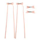 Four-piece pink ribbon bow hair clip set, with two long and two short ribbon bows.