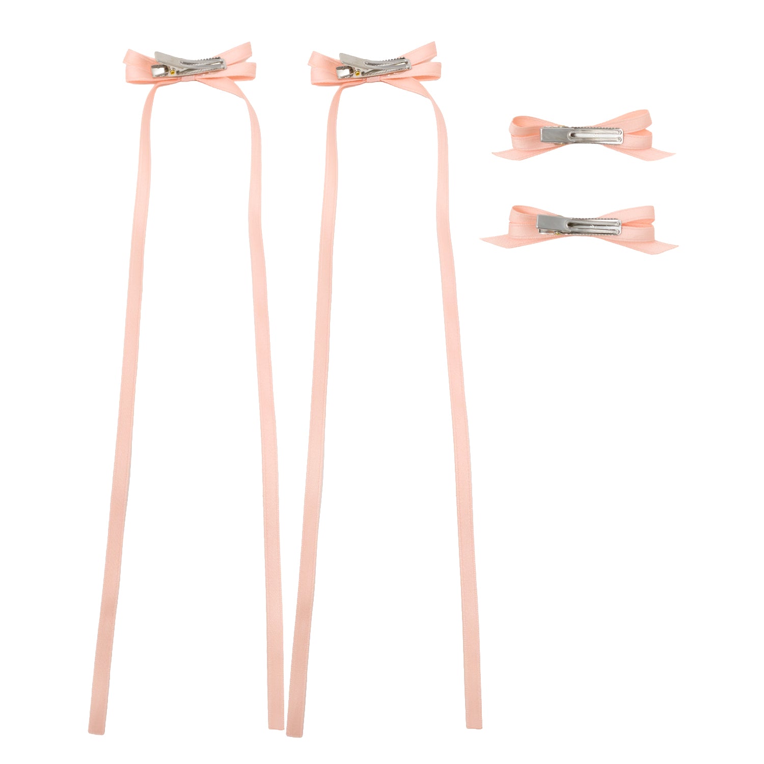 Four-piece pink ribbon bow hair clip set, with two long and two short ribbon bows.
