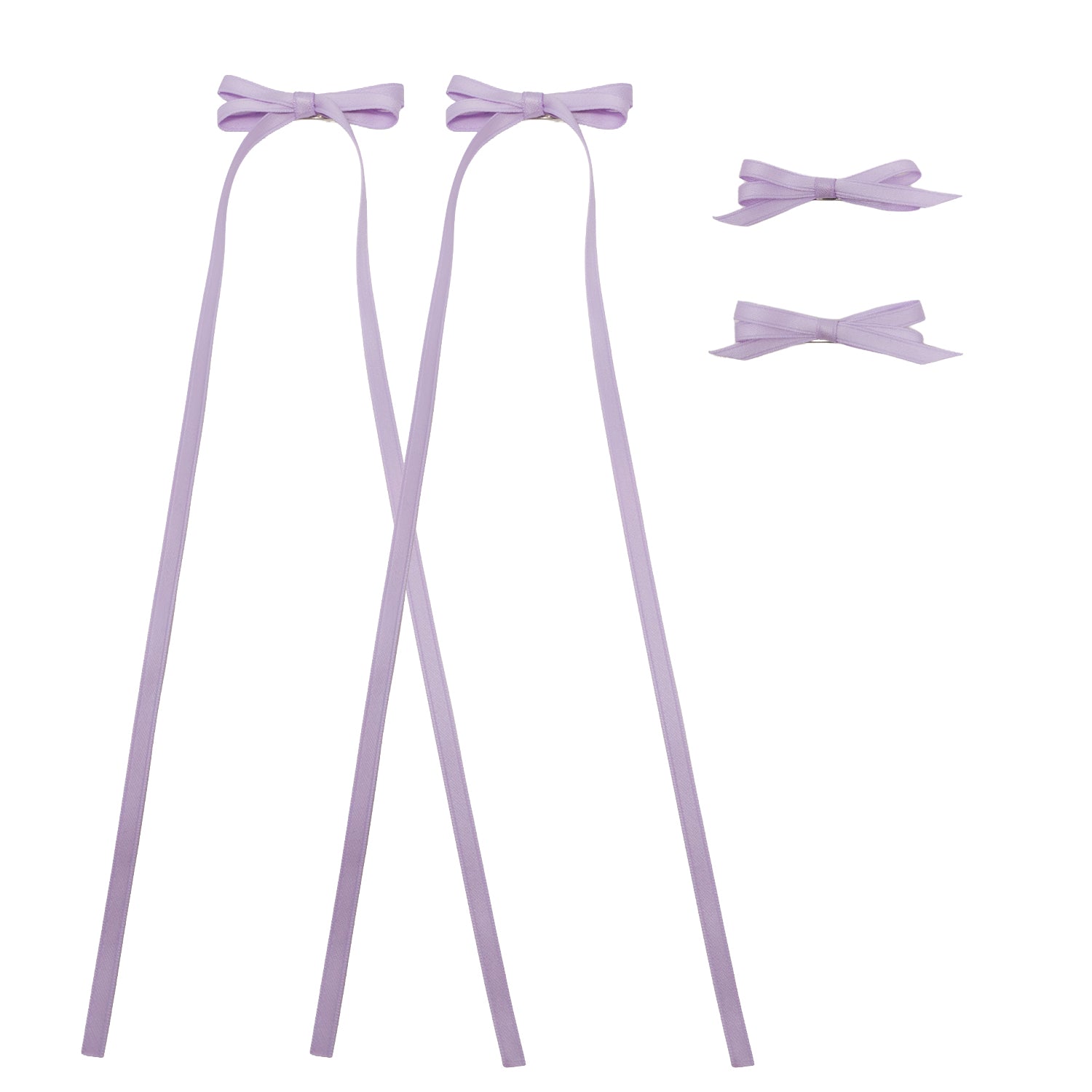 Lavender ribbon bow clip set featuring two bows with long trailing ribbons and two smaller bow clips.