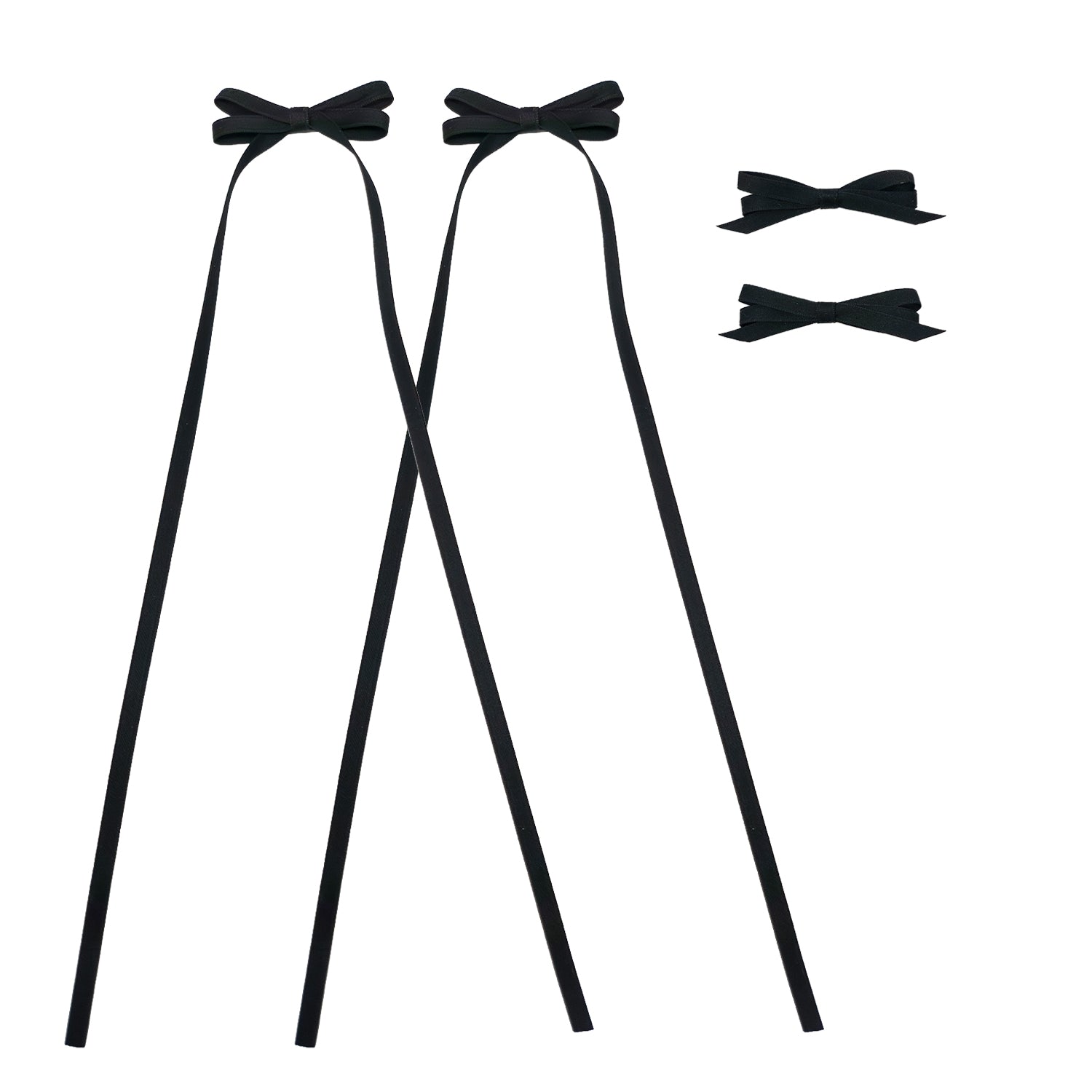 Four black ribbon bow clips, two with long trailing ribbons and two smaller solid bows.