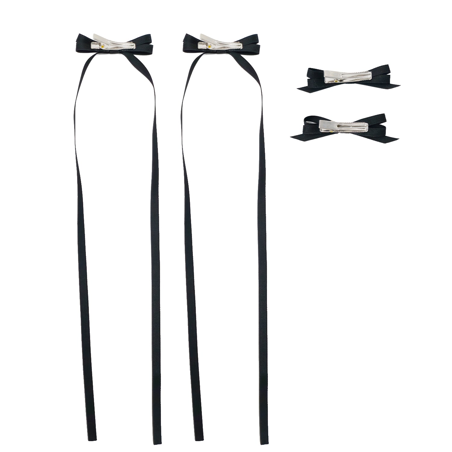 Four black ribbon bow clips, two with long streamers and two smaller, featuring silver alligator clips.