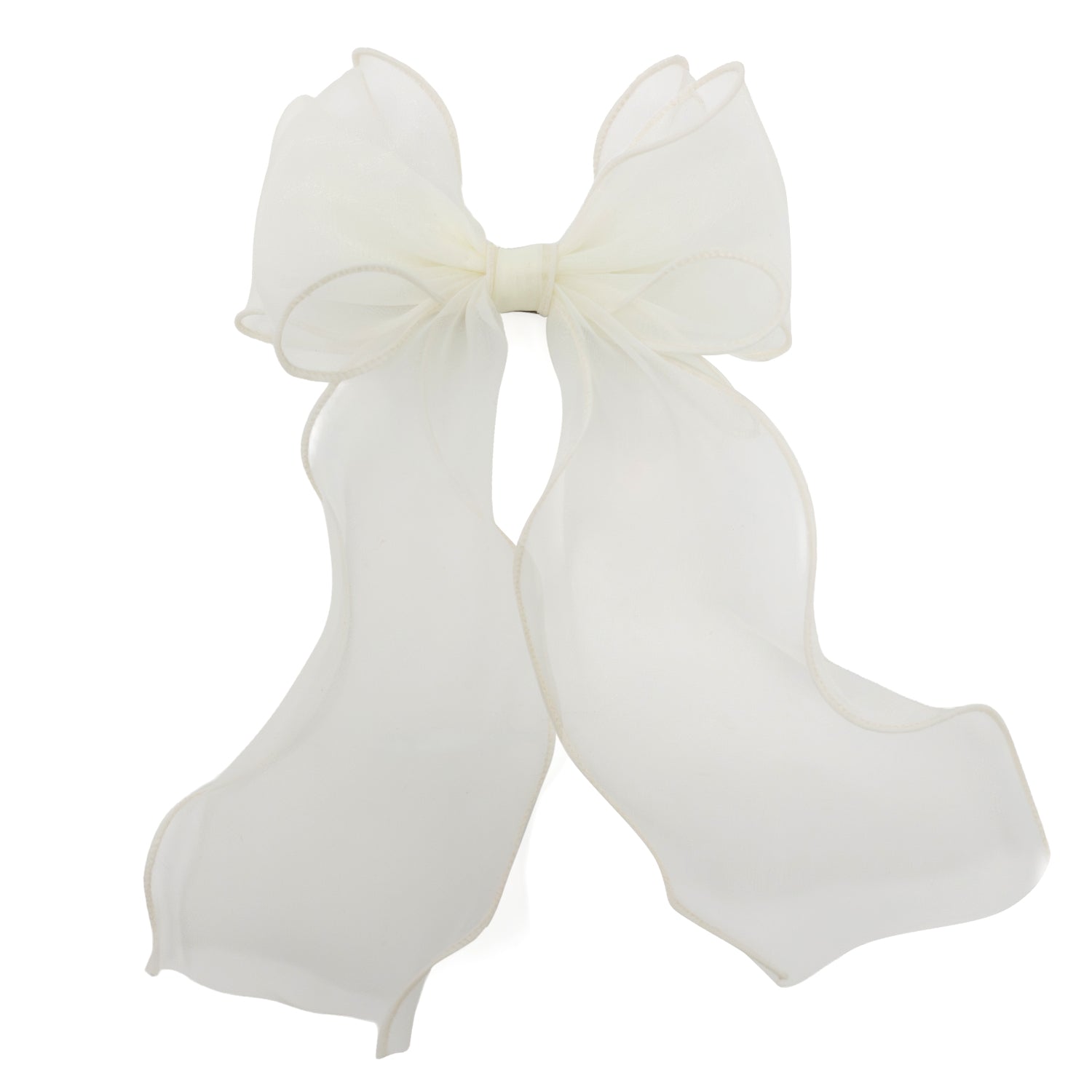 Ivory organza large bow clip with sheer, flowing fabric and delicate stitched edges.