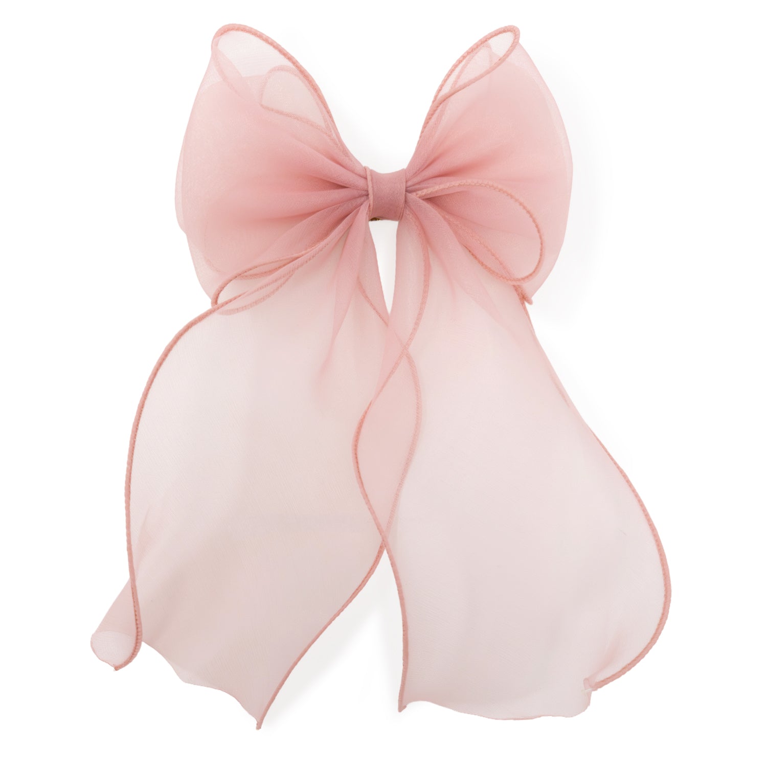 Large organza bow clip in sheer light pink, featuring delicate, slightly wavy edges and a wrapped center.